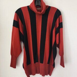 Vintage Jaeger Black Red Striped Dolman Sleeve  Wool Turtleneck Sweater